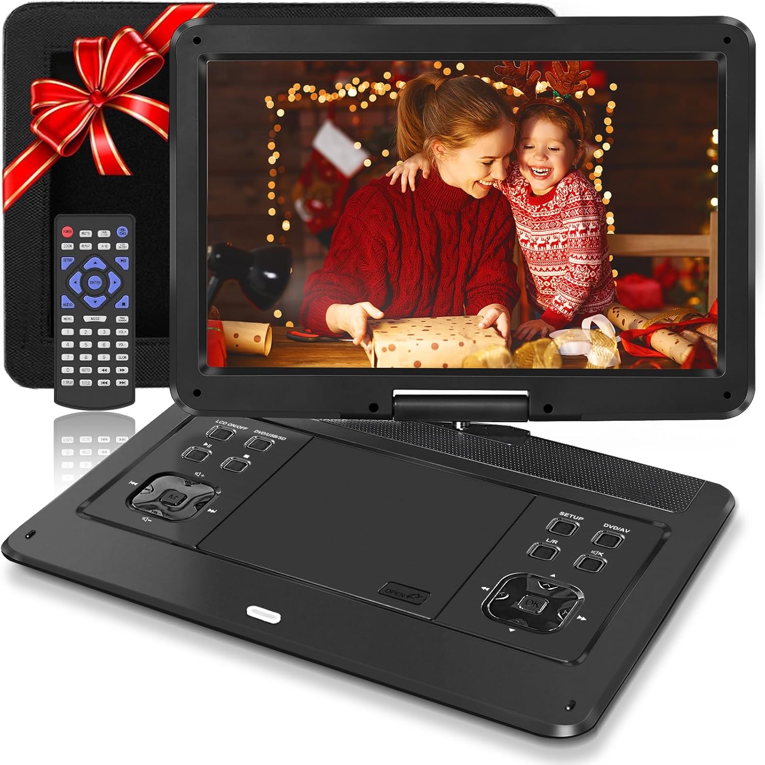 16.9" Portable DVD Player, 6 Hrs Rechargeable Battery,14.1" Swivel Screen with Car Headrest Mount, DVD Player for Car, Support CD/DVD/SD Card/USB, Remote Control, Car Charger, Power Adaptor (Black)