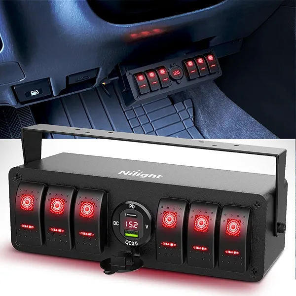 Nilight 6 Gang Rocker Switch Box 12V SPST ON Off Toggle Switches PD Type C and QC 3.0 USB Charger Voltmeter LED Light Waterproof Aluminum Mount Bracket Panel DIY Stickers for Boat Car RV Truck