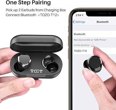 TOZO T12 Wireless Earbuds Bluetooth 5.3, Premium Sound, LED Digital Display | Touch Control, Wireless Charging Case, Comfortable Fit Ear Buds, Built-in Mic for Clear Calls, Long Battery Life Headphones
