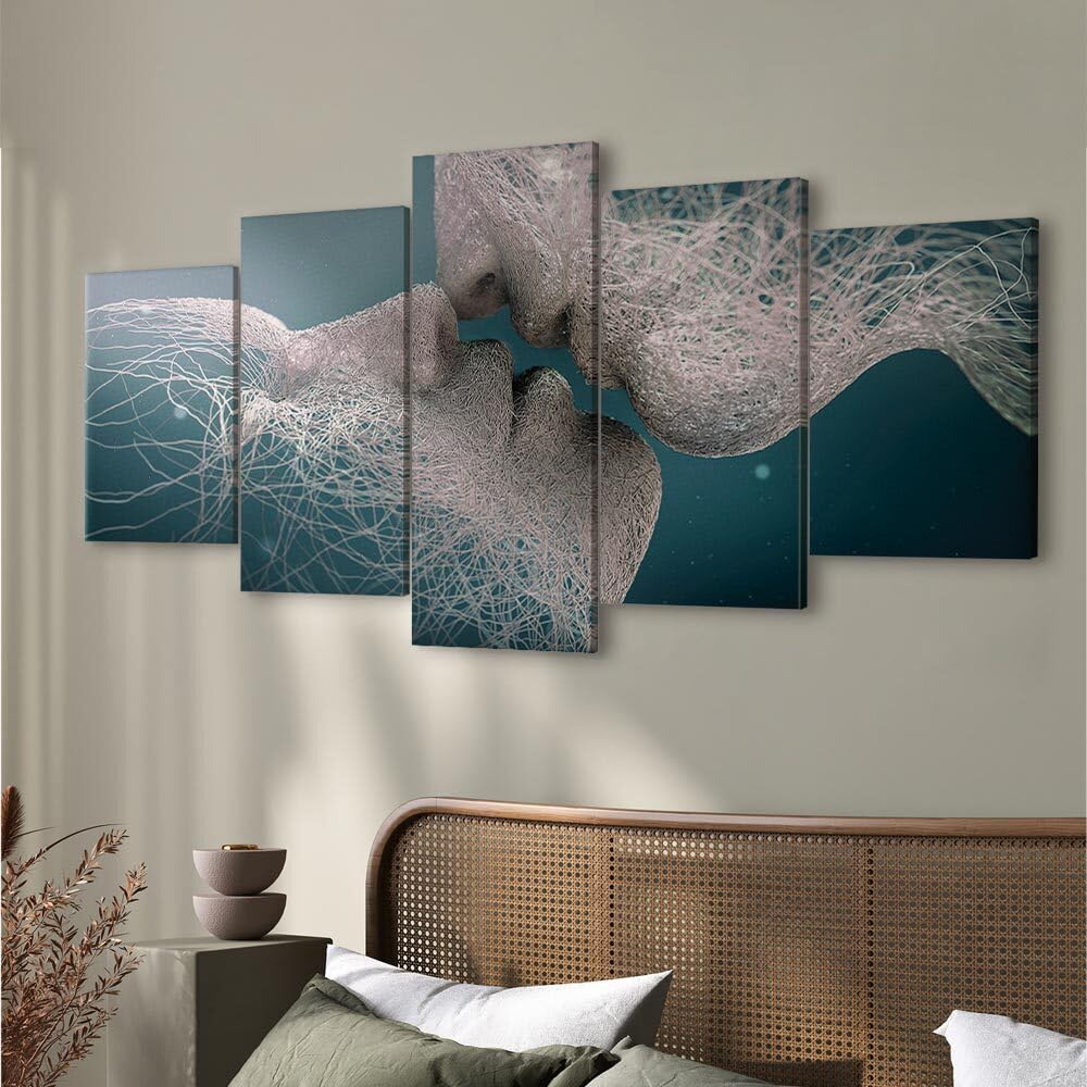 decomonkey Quadri Moderni Soggiorno Astratto Bacio, 5 pezzi, 200x100 cm | Tela strutturata su telaio in legno, decorazione da parete, coppia, amore, uomo, persone, bianco, turchese