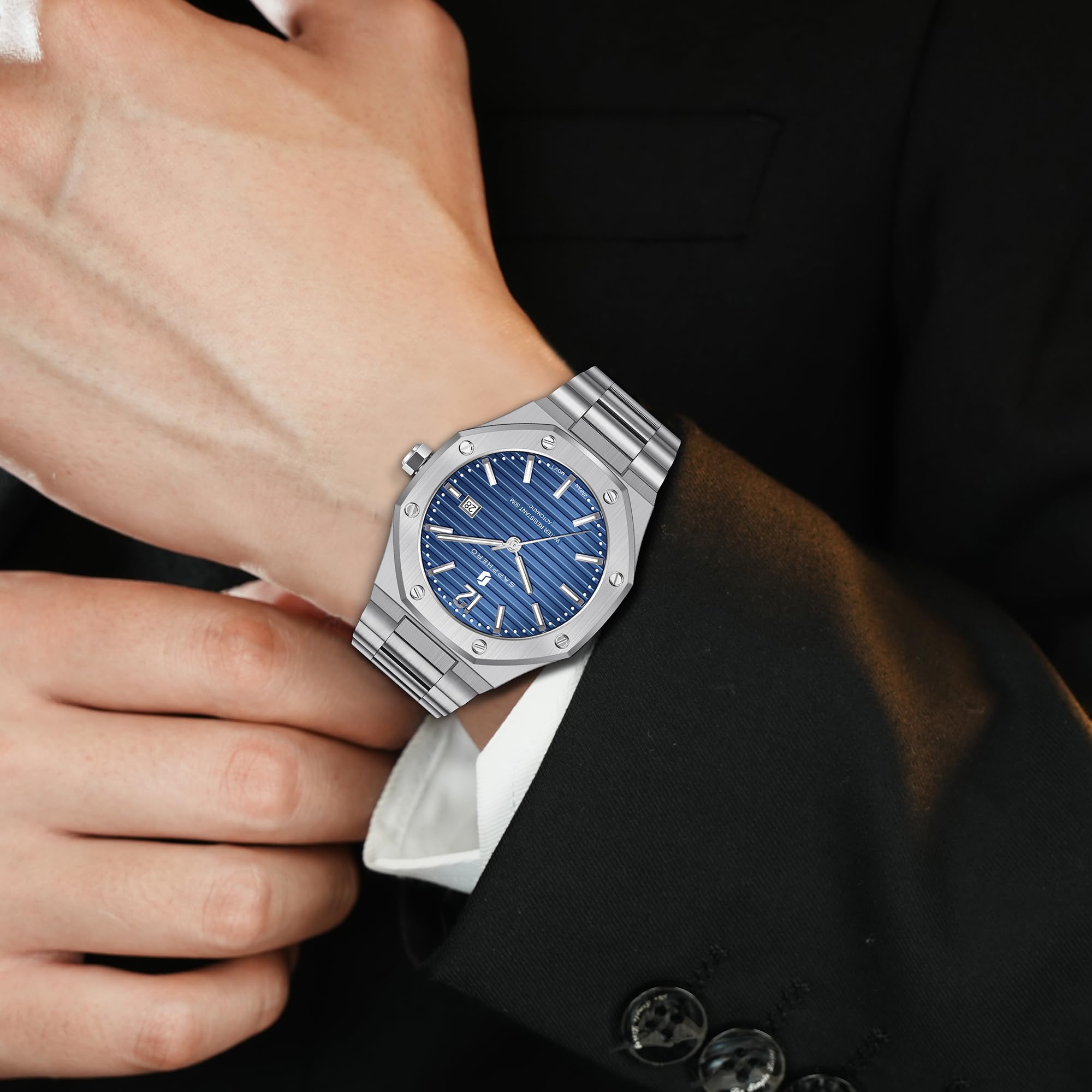 SAPPHERO Automatik-Herrenuhr Uhren Herren Edelstahlband 50M wasserdicht