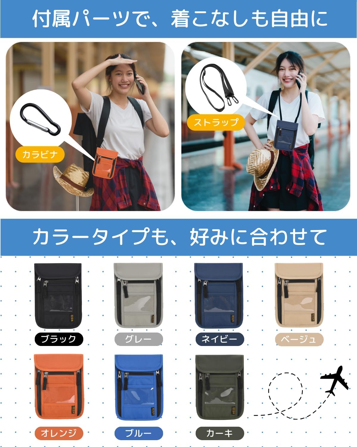 [§Ａ＼ＡＭＥＲＩＯ] パスポートケース 首下げ セキュリティポーチ 【7色から選べる】 スキミング防止 海外旅行 便利 グッズ (グレー)