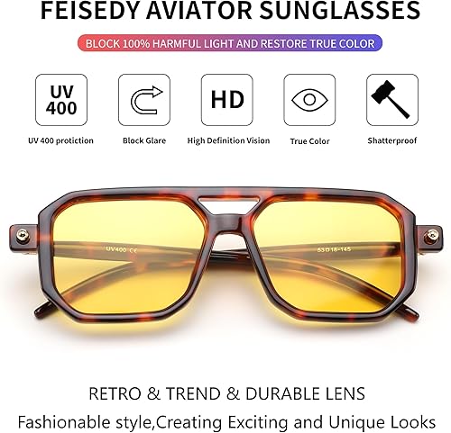 Miniatura 45 de Feisedy - B2622 - Lentes de sol estilo aviador, cuadrados, clásicos de los años 70, unisex, con montura clásica retro y elegante, UV400 Marco