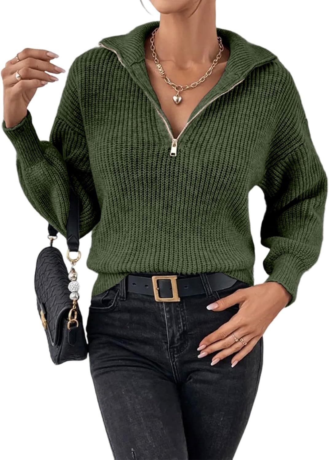Active Women ' s Shawl Collar 1/4 Zip Sweater V Neck Pullover Comfortable Insulation Ideal for Hiking Walks and Nature Army Green