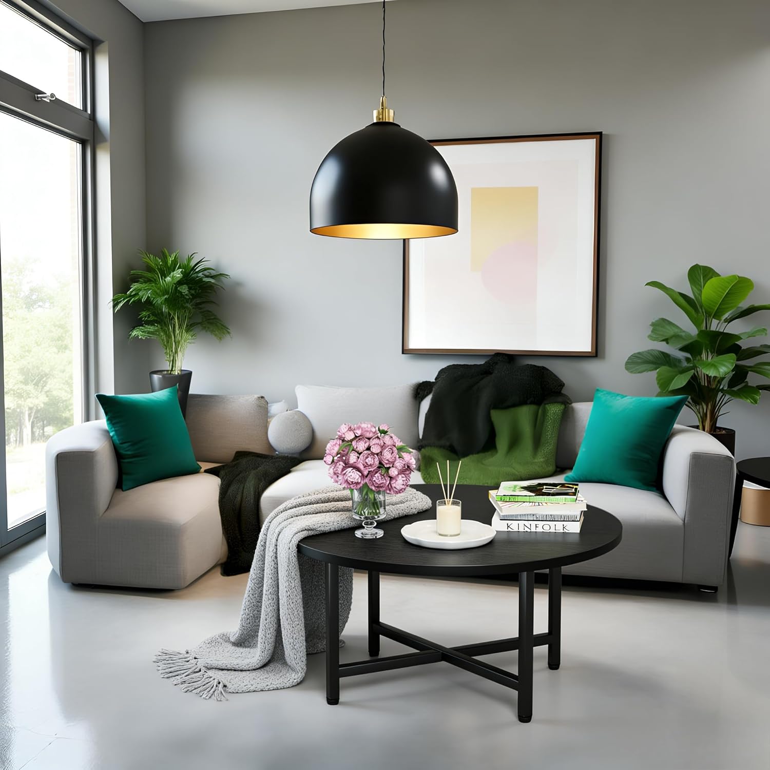 Coffee Table, 23.6" Coffee Tables for Living Room, Round Coffee Table with Metal Frame, Floor Table for Sitting on The Floor, Home, Office, Black Black 1T