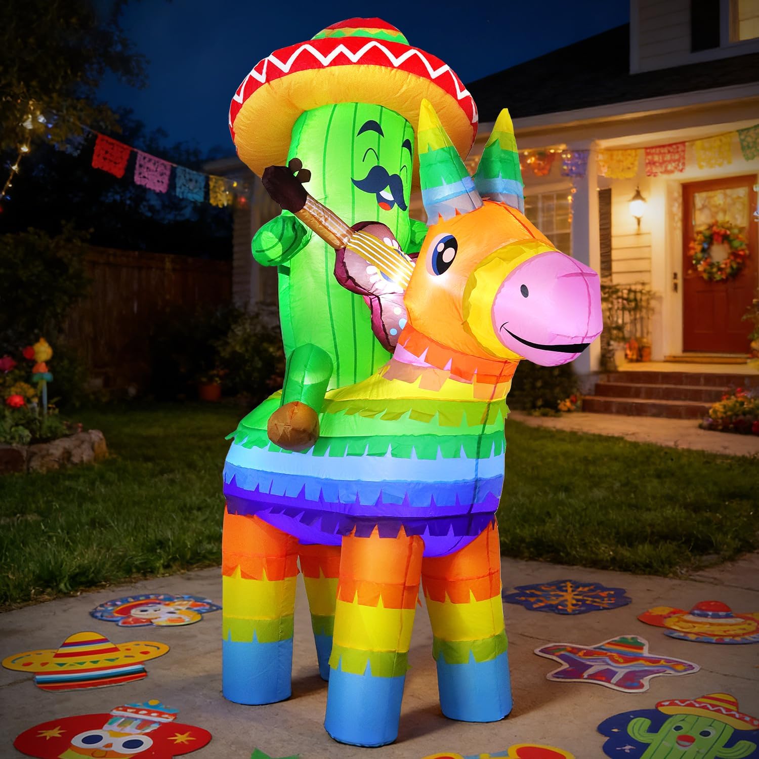 DomKom 6FT Cinco De Mayo Inflatable Cactus Riding Donkey, Mexican Fiesta Party Decor with Sombrero Piñata and Built-in LEDs Light Blow up for Garden Lawn Yard