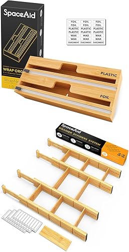 SpaceAid WrapNeat Dispensador de envolturas 2 en 1 con cortador y etiquetas, SpaceAid Bamboo 4 divisores con 9 insertos (17-22 pulgadas)