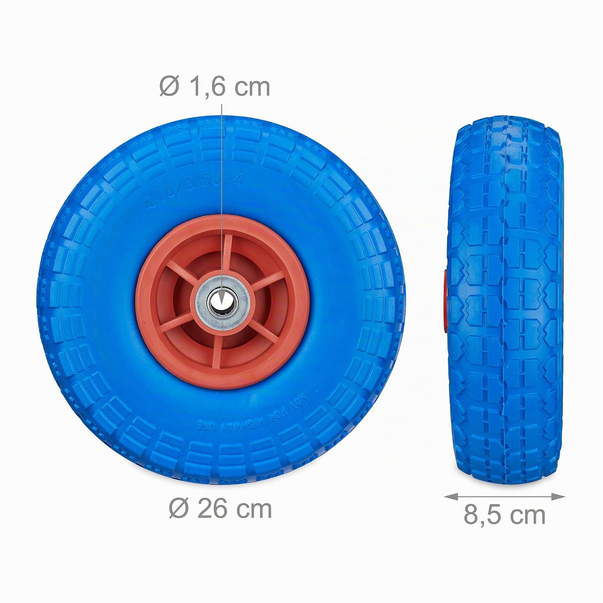 Roue de diable, lot de 4, en caoutchouc, increvables, 260 x 85, essieu de 16 mm, 4.1/3.5-4, jusqu'à 150 kg, noir-gris | 4,1/3,5-4", axe de 16 mm, jusqu'à 150 kg, 260 x 85 mm