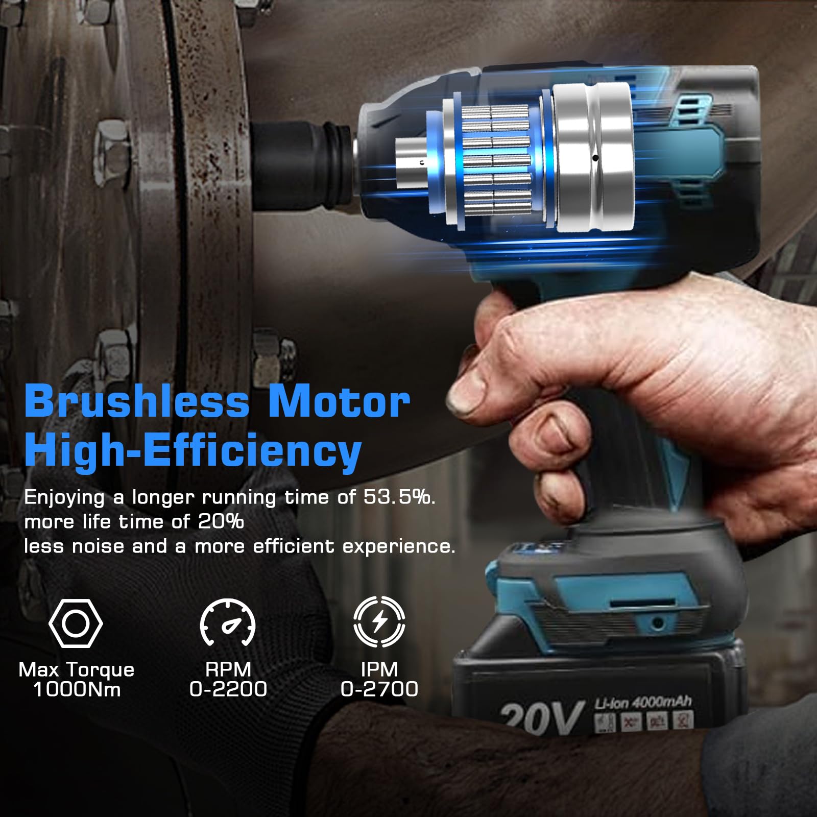 LIROPAU Avvitatore a Impulsi Brushless, 1/2" 1000Nm Chiave a Urto Elettrica compatibile M-akita 18V, Coppia Elevata Avvitatori a Massa Battente con 6 bussole, Trapano Batteria per Auto e Casa