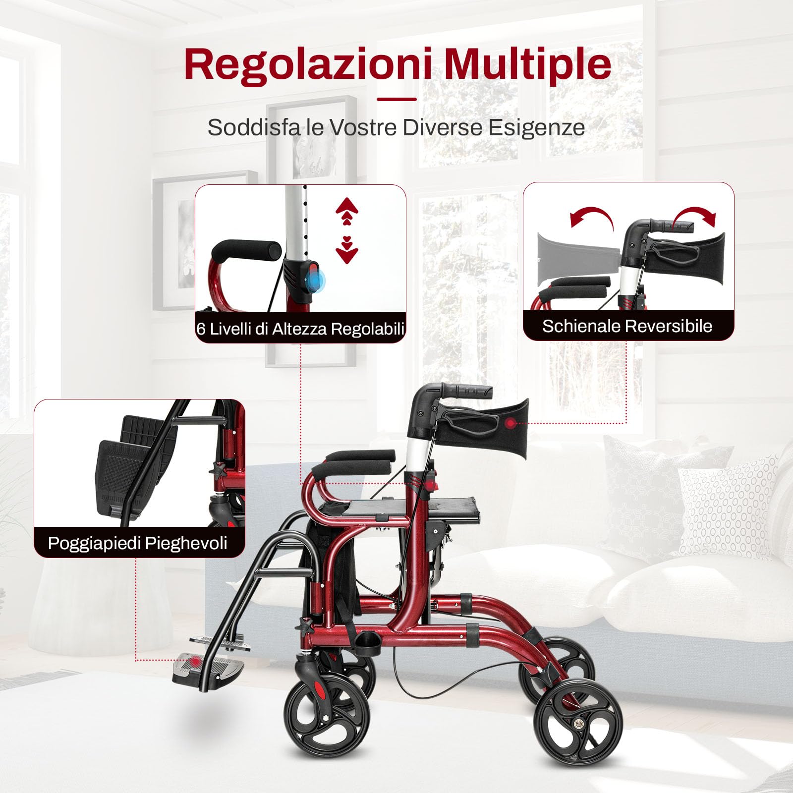 COSTWAY Deambulatore 2 in 1 per Anziani in Alluminio, Rollator Pieghevole e Regolabile in Altezza con Sedia, Schienale Reversibile, Manici Regolabili, Ruote, Poggiapiedi e Borsa Rimovibile (Rosso)