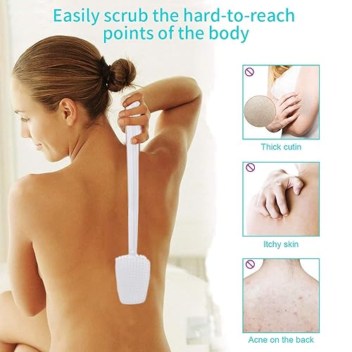 Miniatura 4 de Mczxon Cepillo de ducha con mango largo curvado para exfoliar la piel, mejorar la circulación sanguínea, cepillo de baño, cepillado húmedo o seco,
