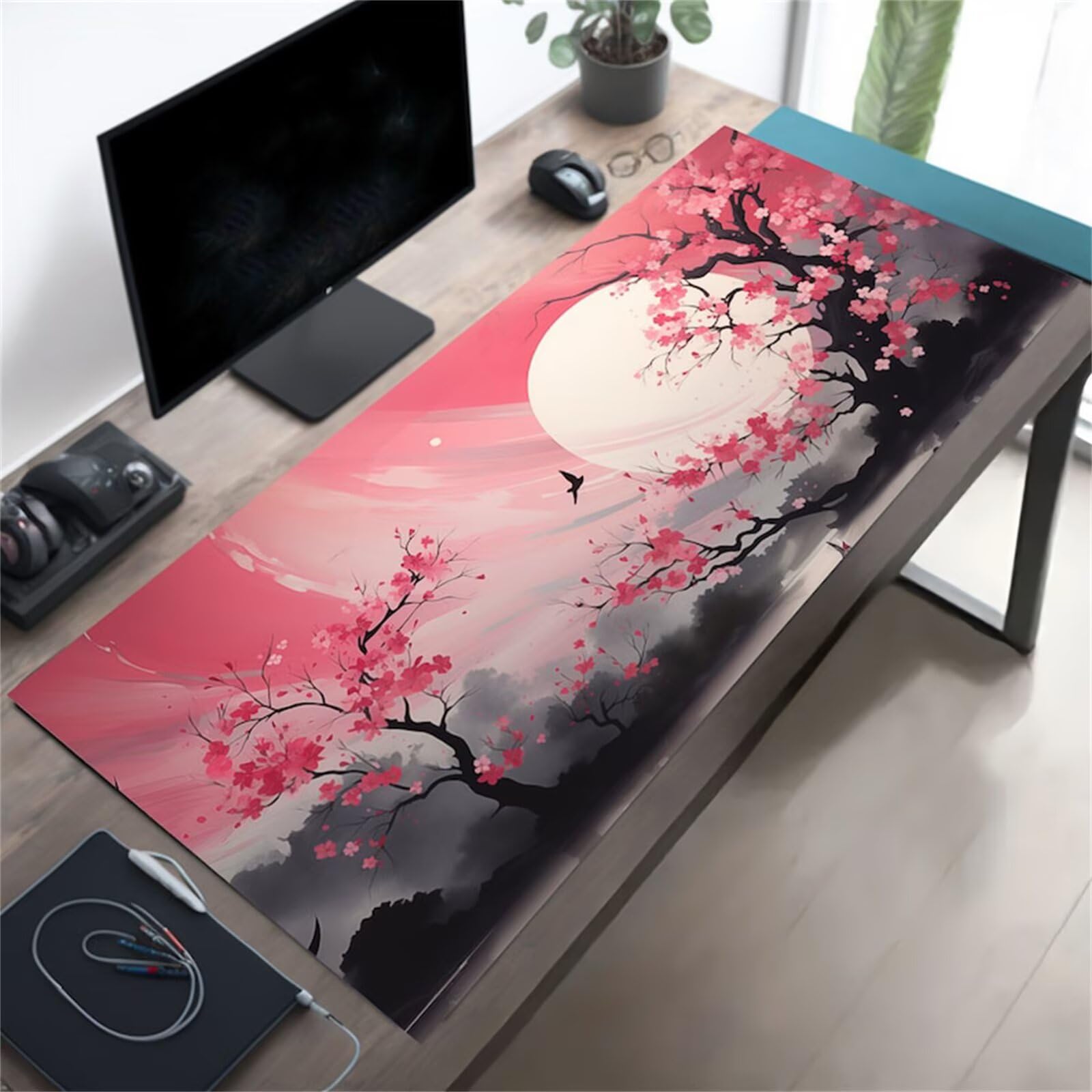 Tappetino Mouse Gaming XXL 1200x600x3 mm, Tappetino da Scrivania Grande, con Bordi Cuciti Rinforzati, Base in Gomma Antiscivolo, Tappetino per Tastiera Lavabile per PC e Laptop, Fiori Rosa Luna
