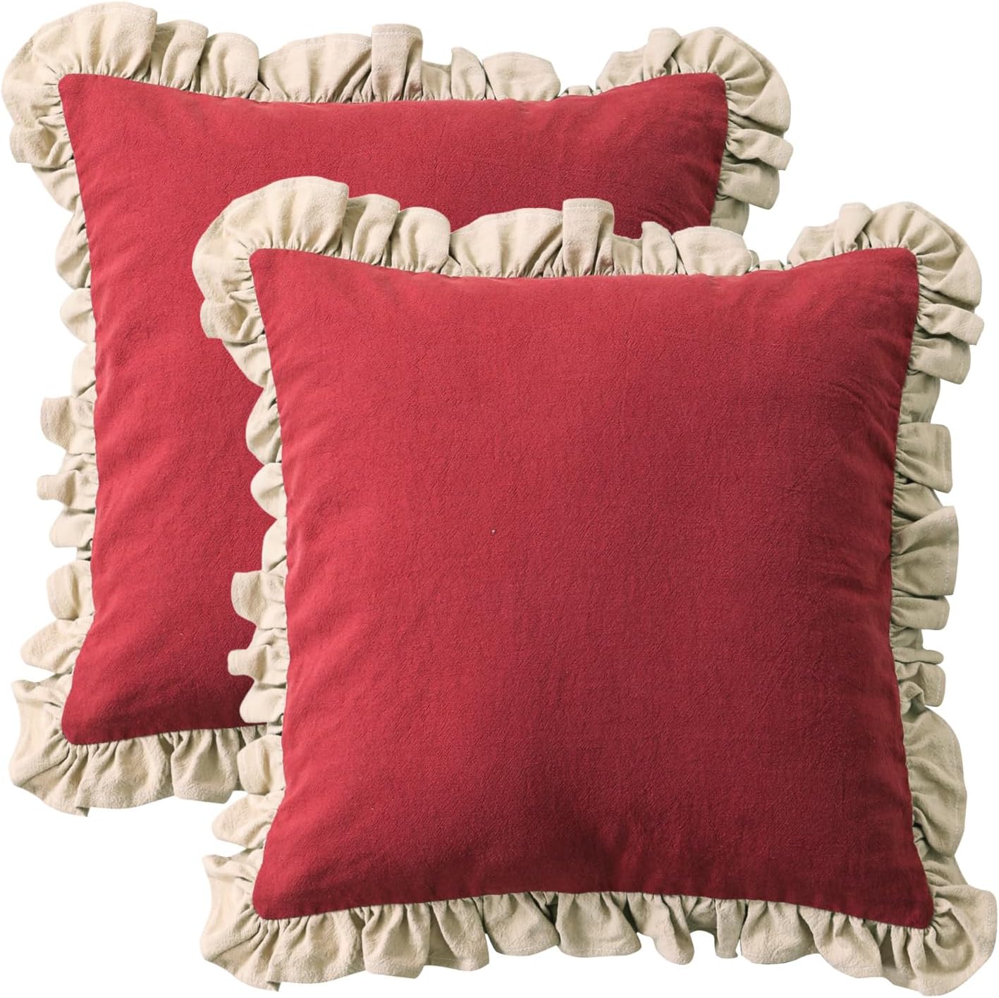 patdrea Shabby Chic Red Decorative Throw Pillow Covers 22x22 Set of 2,Farmhouse Red Linen Pillow Covers with Ruffles,Square Sturdy Throw Pillow Case for Couch Sofa Bed Living Room
