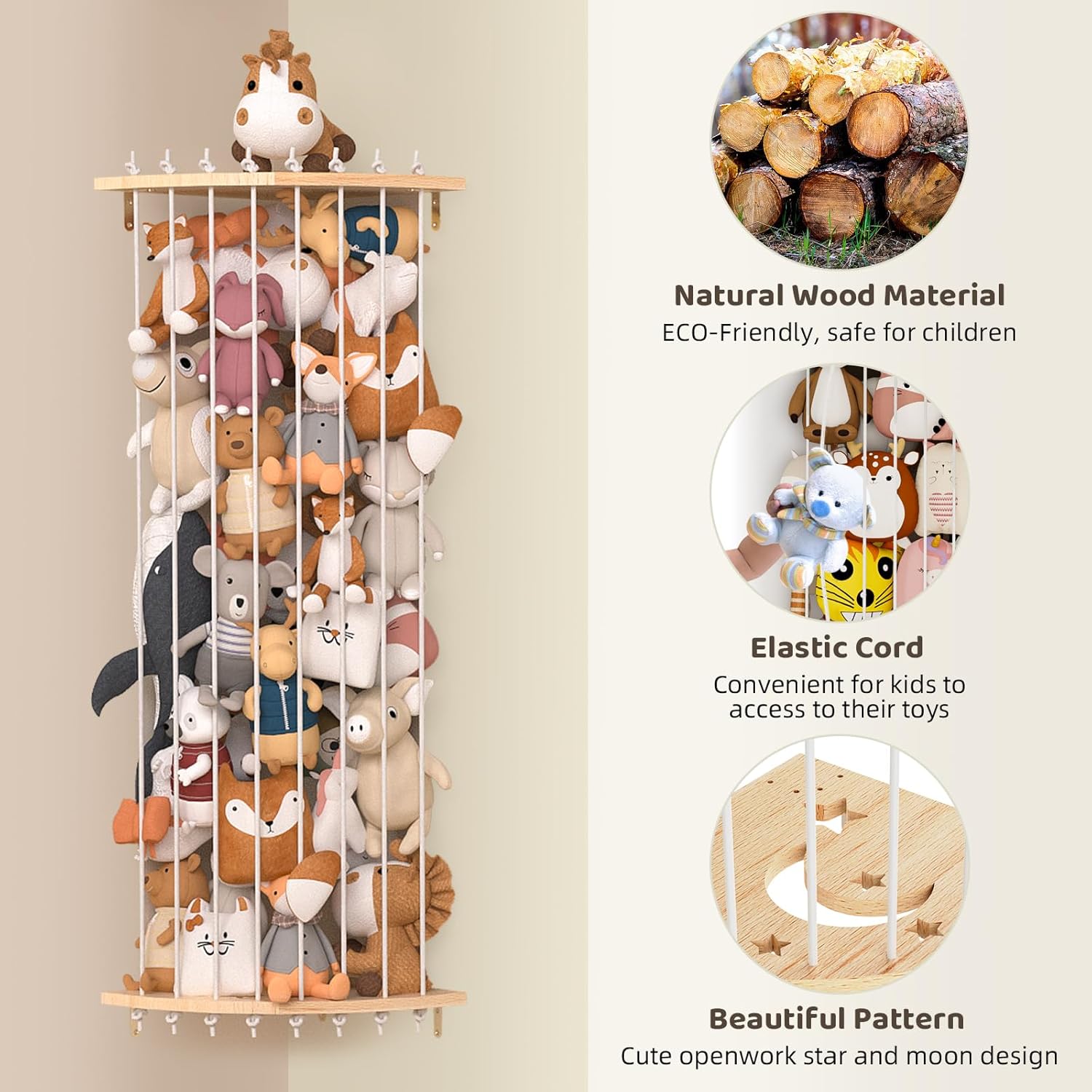 Stuffed Animal Storage Toy Organizer, Wood Corner Plushies Storage Wall Shelf with Adjustable Length, Hanging Stuffed Animal Holder for Kids Playroom Bedroom Organizer