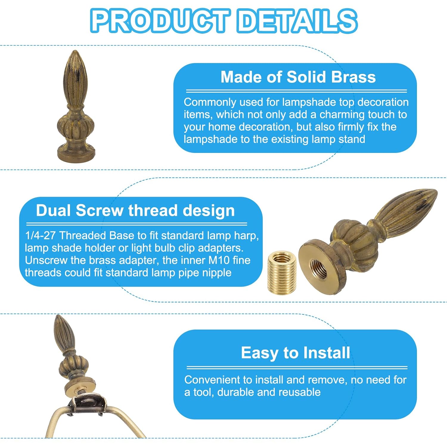 Generic 23.5 x 73mm Lamp Finials Caps Knob, 1 Set Solid Brass Lamp Shade Top Decoration Screw Cap Nuts with Brass Reducing Adapter for Table Lamps Floor Lamps, Retro Vintage