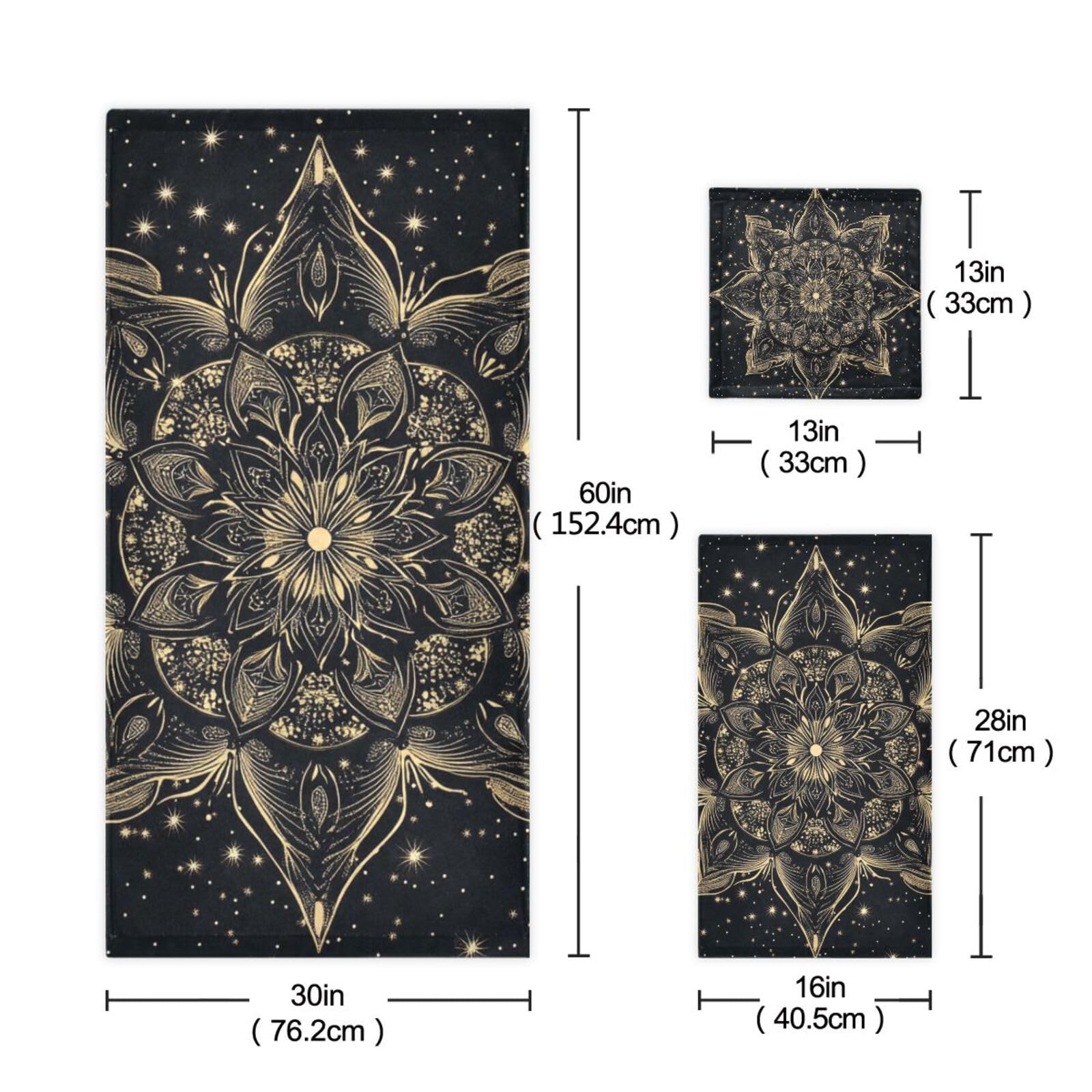 Schwarz-goldenes Mandala-Gesichtshandtuch-Set, schnelltrocknend, 3-teilig, 1 Badetuch, 1 Handtuch, 1 Waschlappen für Zuhause, Küche, Familie