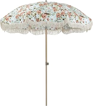 Tempera 7ft Boho Beach & Patio Umbrella with Fringe, Market Umbrellas with UPF 50+ UV & Water-Resistant Canopy, 1.5" Wood Pole & Button Tilt.