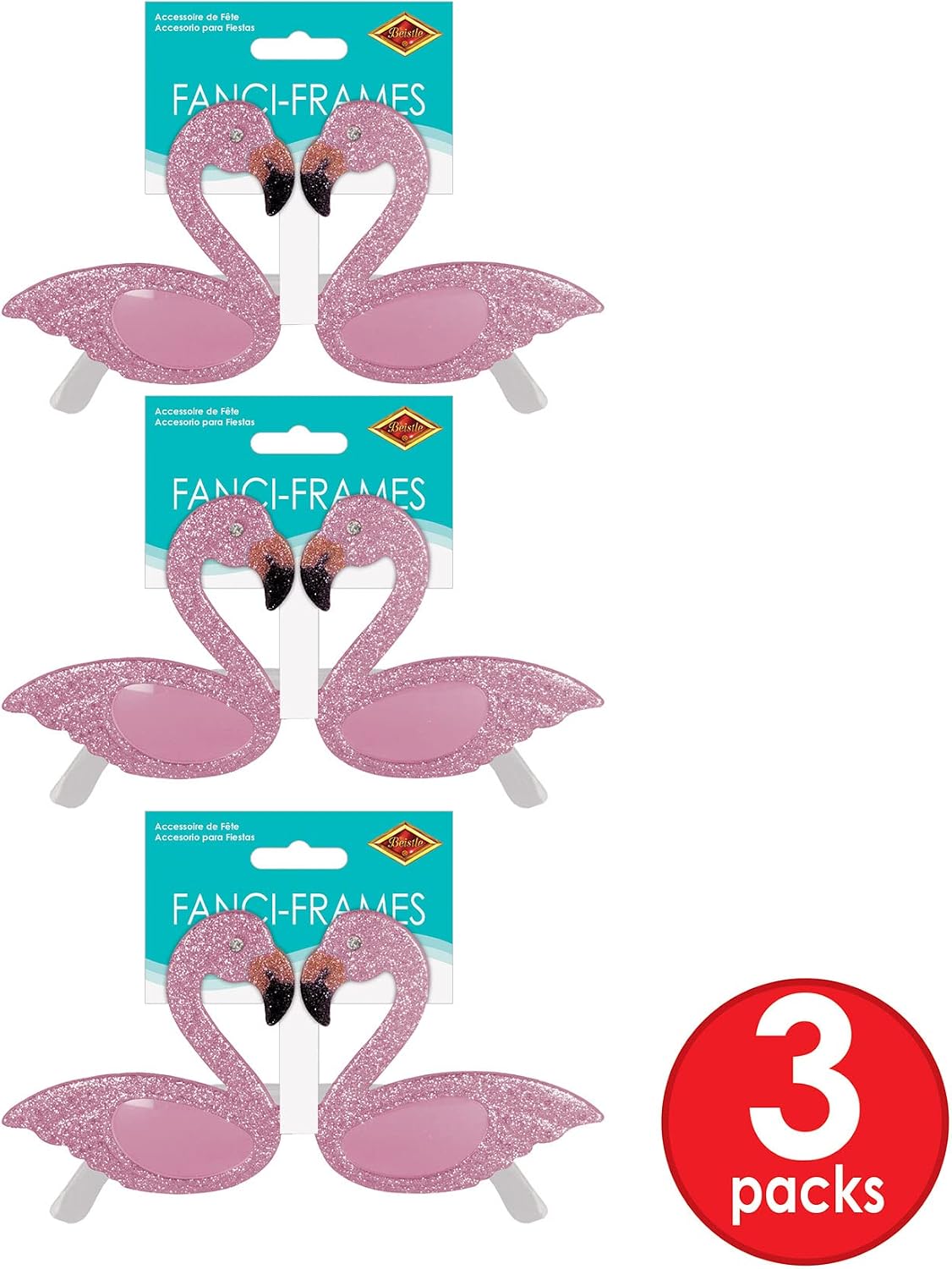 Beistle Glittered Flamingo Fanci-Frames – 3 Pack, Pink Glitter Novelty Glasses with Flamingo Design, Decorative Eyewear for Tropical Themes & Celebrations, One Size Fits Most Adults