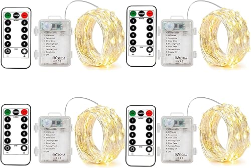 Miniatura 12 de 4 x Cadenas de luces de hadas, funciona con pilas, cadenas de alambre plateado, 8 modos, 5 m, 50 LEDs, cadena de luces con temporizador y control