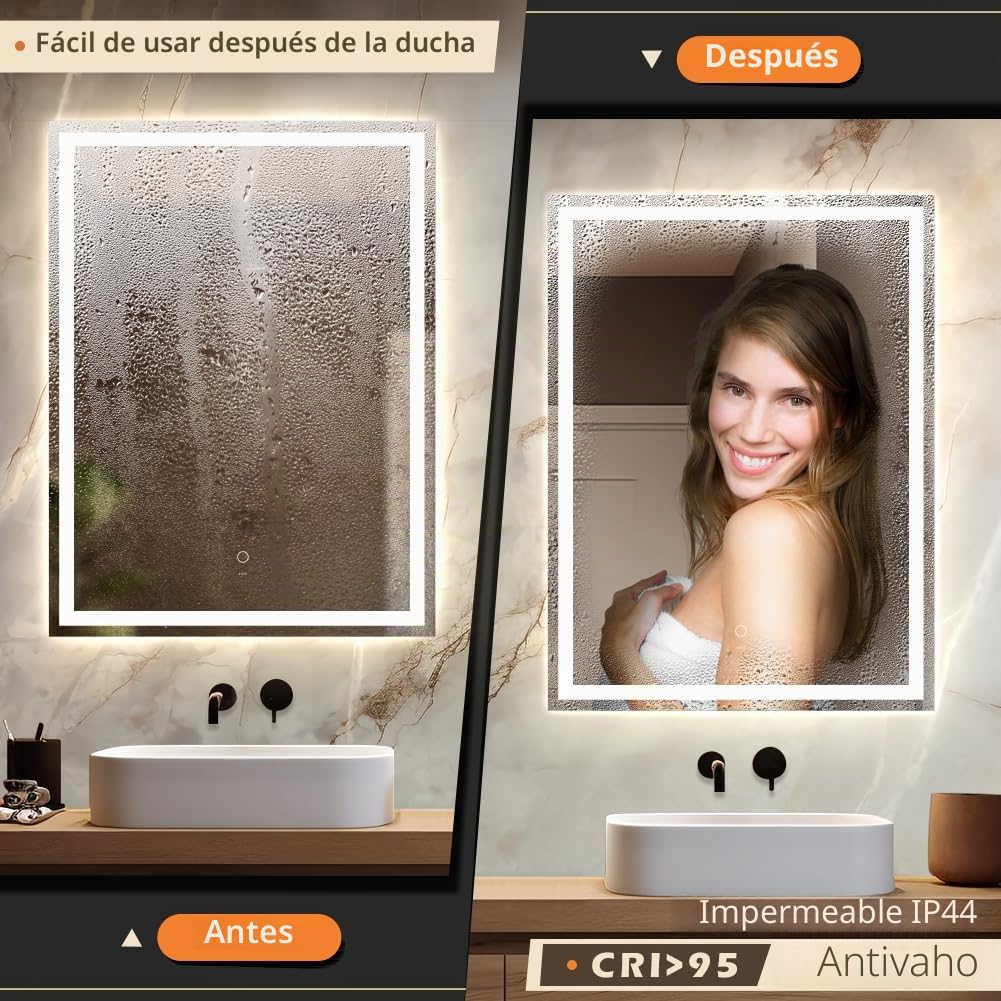 KWW 500 x 700 mm LED Bathroom Cosmetic Mirror, Anti - Niebla Light, Fácil de Instalar, Espejo de Maquillaje Horizontal/Vertical Montado en La Pared con Botón Táctil Inteligente