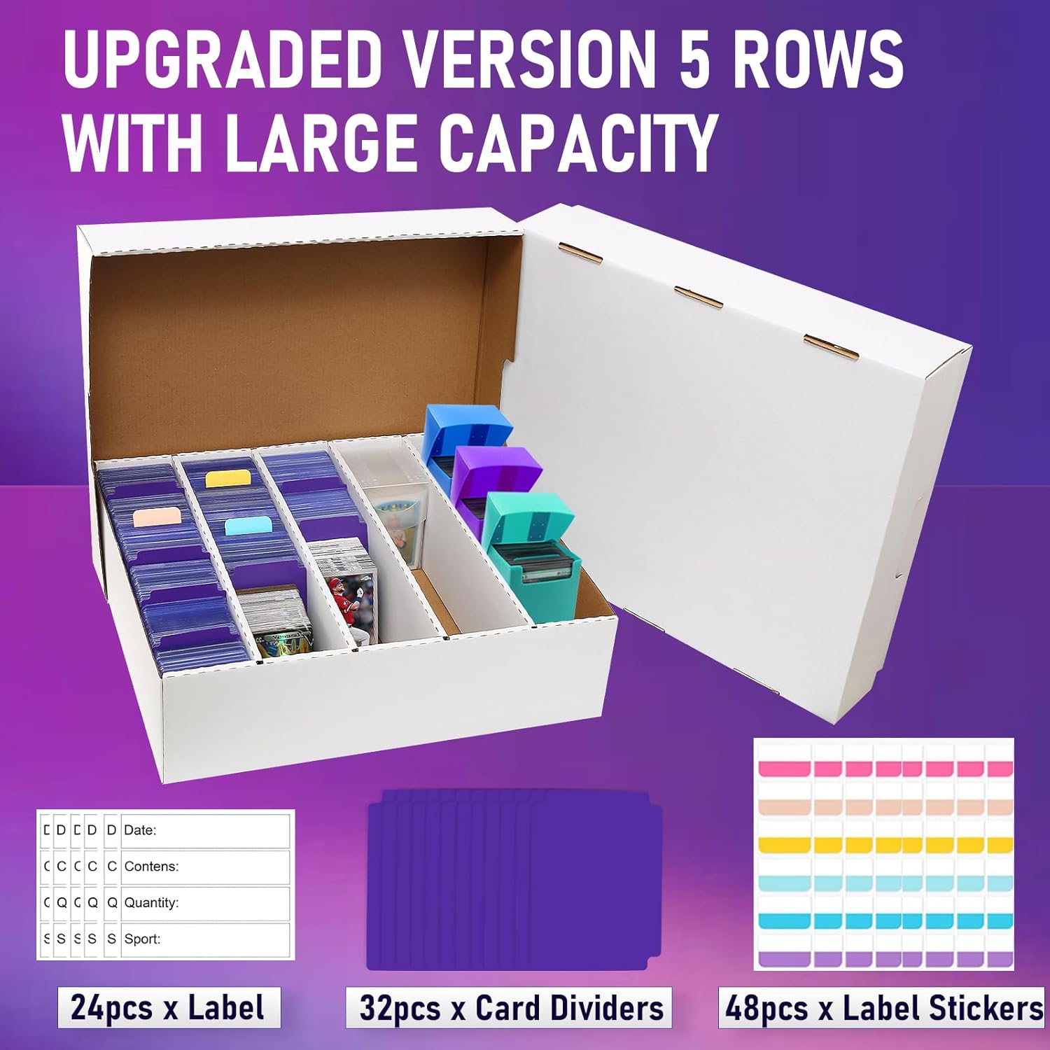 5 Row Trading Card Storage Box,3950-count Cardboard Storage Box with 32 Pcs Dividers+48 Pcs index Labels for Mtg, Tcg, Sports Cards (4 Pack-Large)