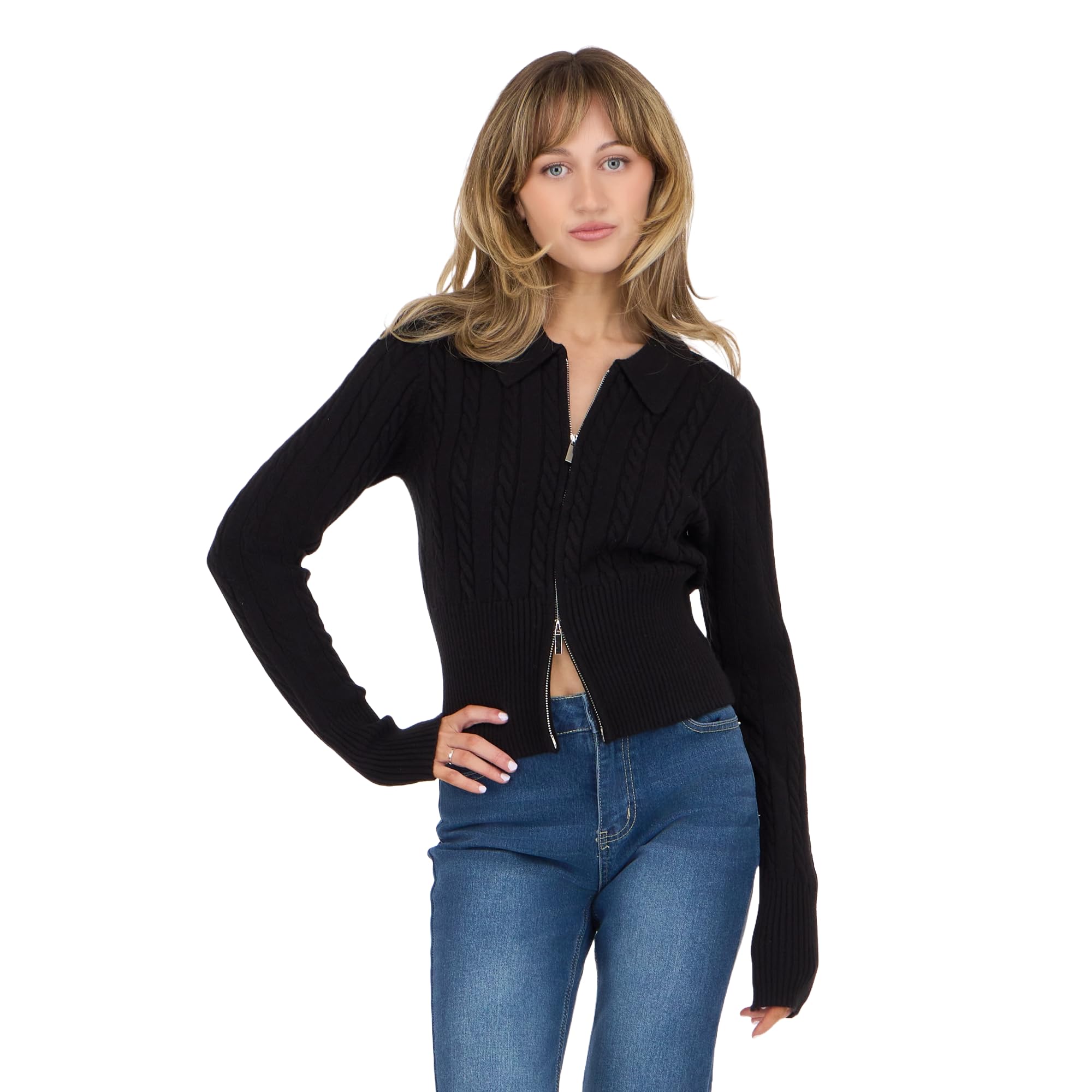 Forever 21 Womens Double Zip Cable Knit Sweater with Collar