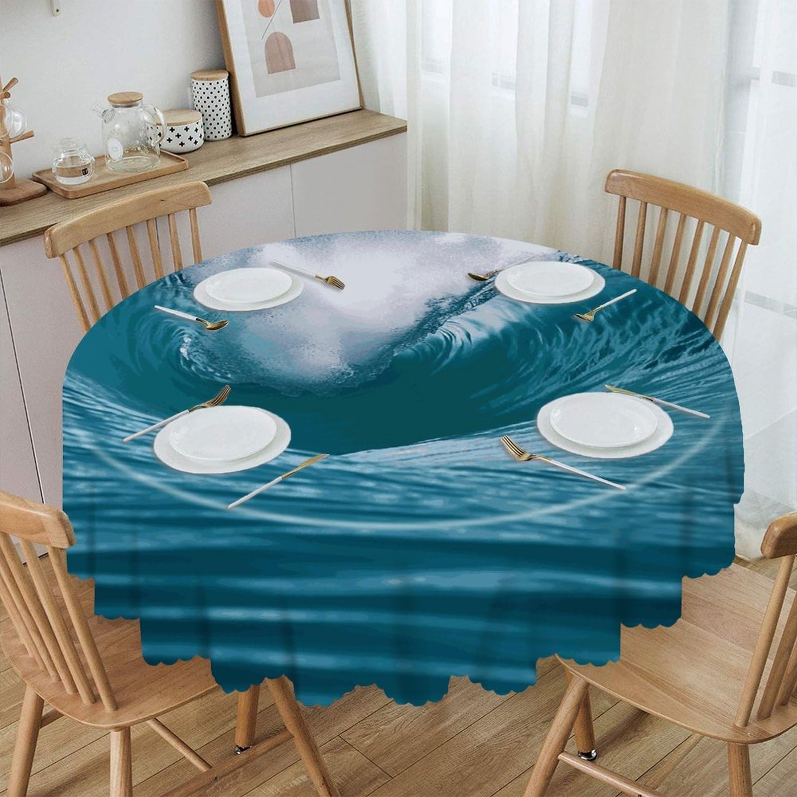 FekiLoot Ocean Wave Round Tablecloths 60 Inch Resistant Washable Polyester Table Cloth Style Decorative Circle Fabric Table Cover for Dining Kitchen Party Farmhouse Outdoor