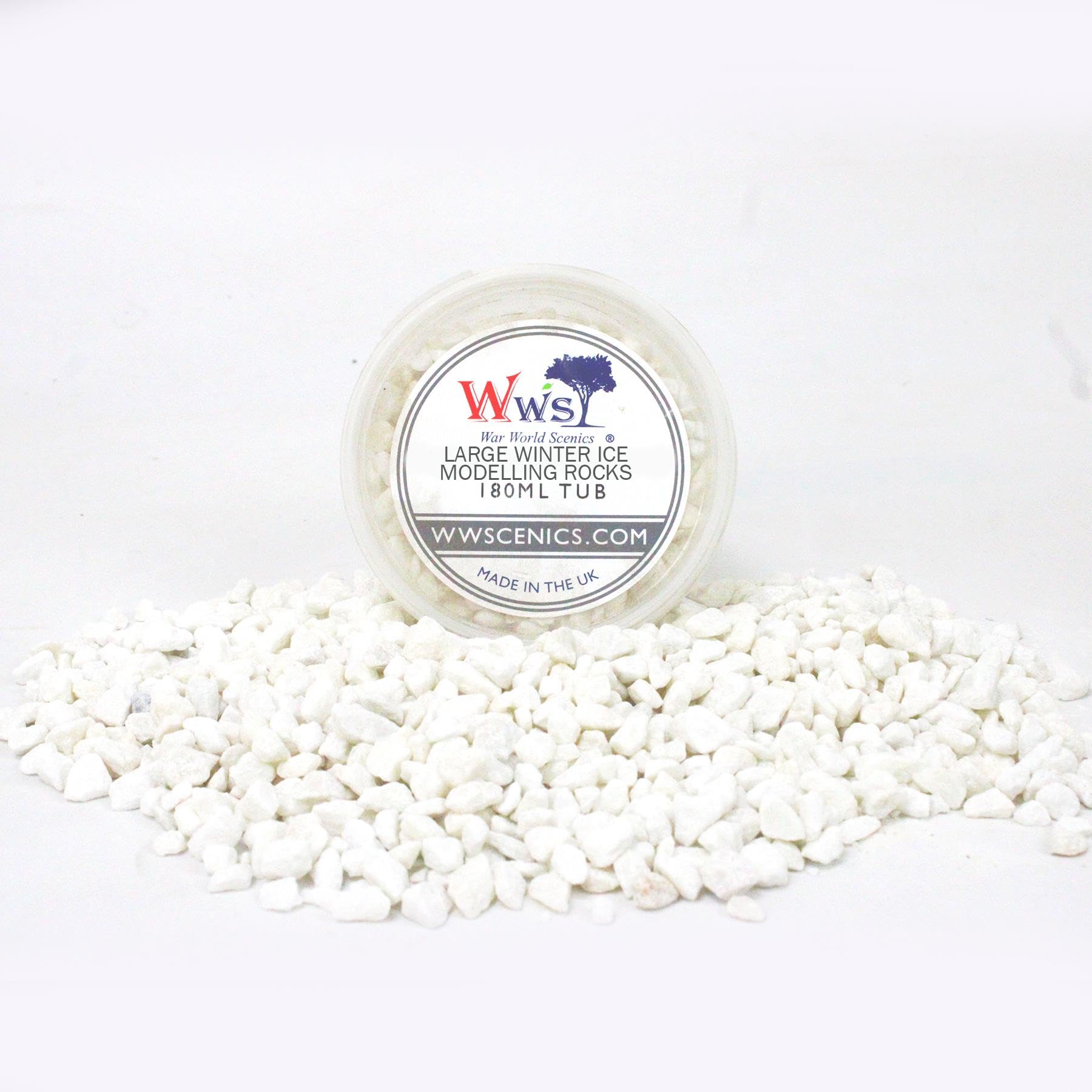 WWS War World Scenics WWScenics Large White Winter Ice Modelling Rocks 3-8mm | 180ml Tub | Wargame Scenery & Basing Material