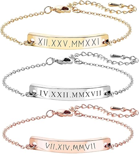 MignonandMignon Pulsera grabada personalizada para el día de la madre, joyería personalizada para dama de honor, número romano personalizado,