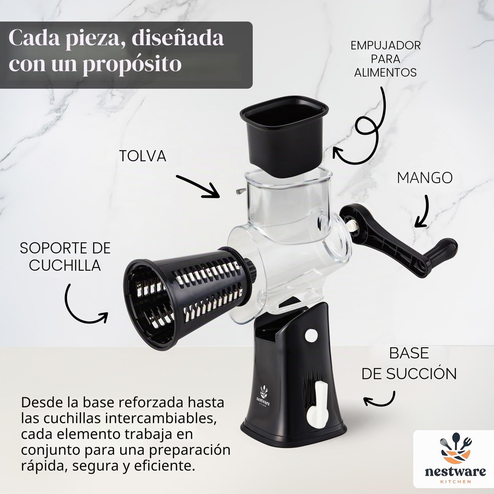 Rallador giratorio de queso de 5 cuchillas, succión reforzada y 5 tambores intercambiables, fácil de usar, picador de verduras, negro