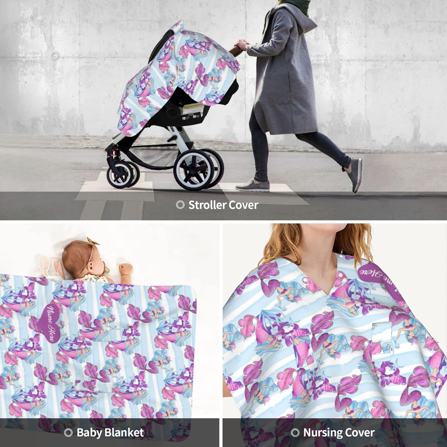 Personalized Girl Fish Baby Car Seat Canopy for Babies with Name, Customized Stroller Car Seat Covers for Girls, Minky Nursing Carseat Cover for Breastfeeding, Car Seat Canopies for Newborn