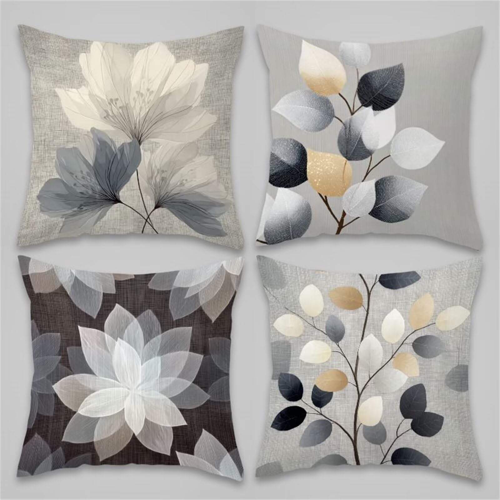 QiHon Grey Abstract Leaves Cushion Covers 45x45 cm Set of 4, Decorative Throw Pillow Cases, 18x18 inch Square Linen Pillowcases for Sofa Living Room Bedroo