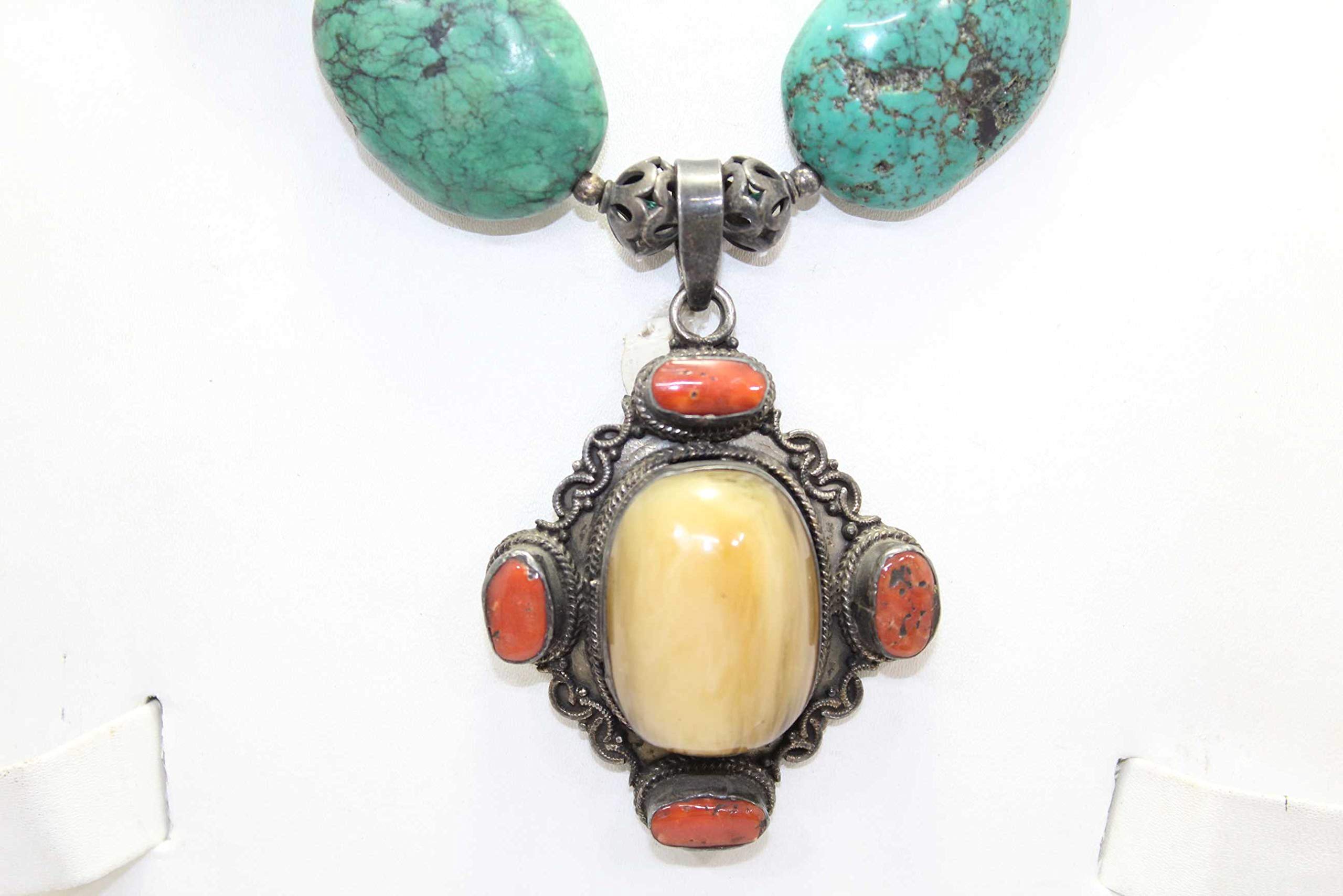 Rajasthan Gems - Collana tibetana fatta a mano, in argento Sterling, giada naturale, turchese e pietra corallo B