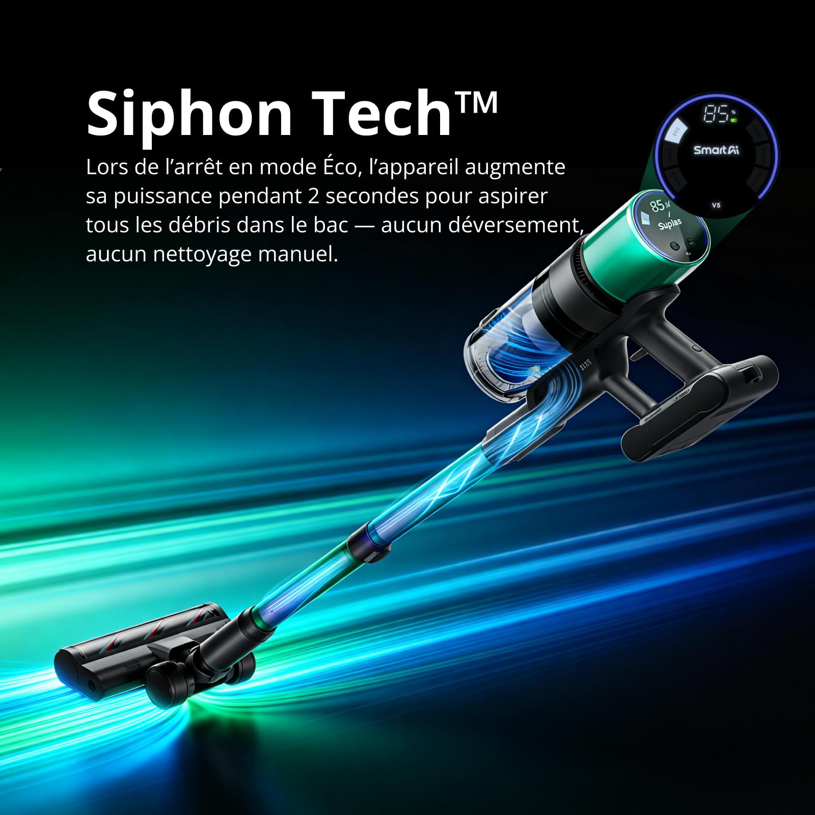 V5 Pro Aspirateur Balai sans Fil, 55Kpa/600W/80Min, Tuyau Flexible de 1 m