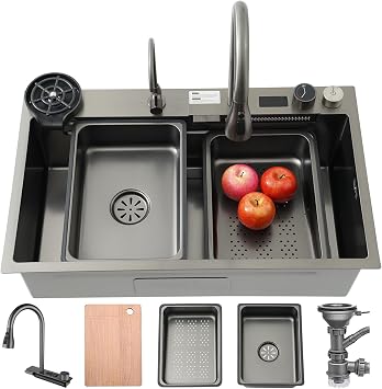 Kitchen Sink, 80 x 50 cm, Stainless Steel Waterfall Kitchen Sink with Display Screen, 1 Basin, Large Workplace Kitchen Sink with Chopping Board, Siphon, Overflow and Drain Set