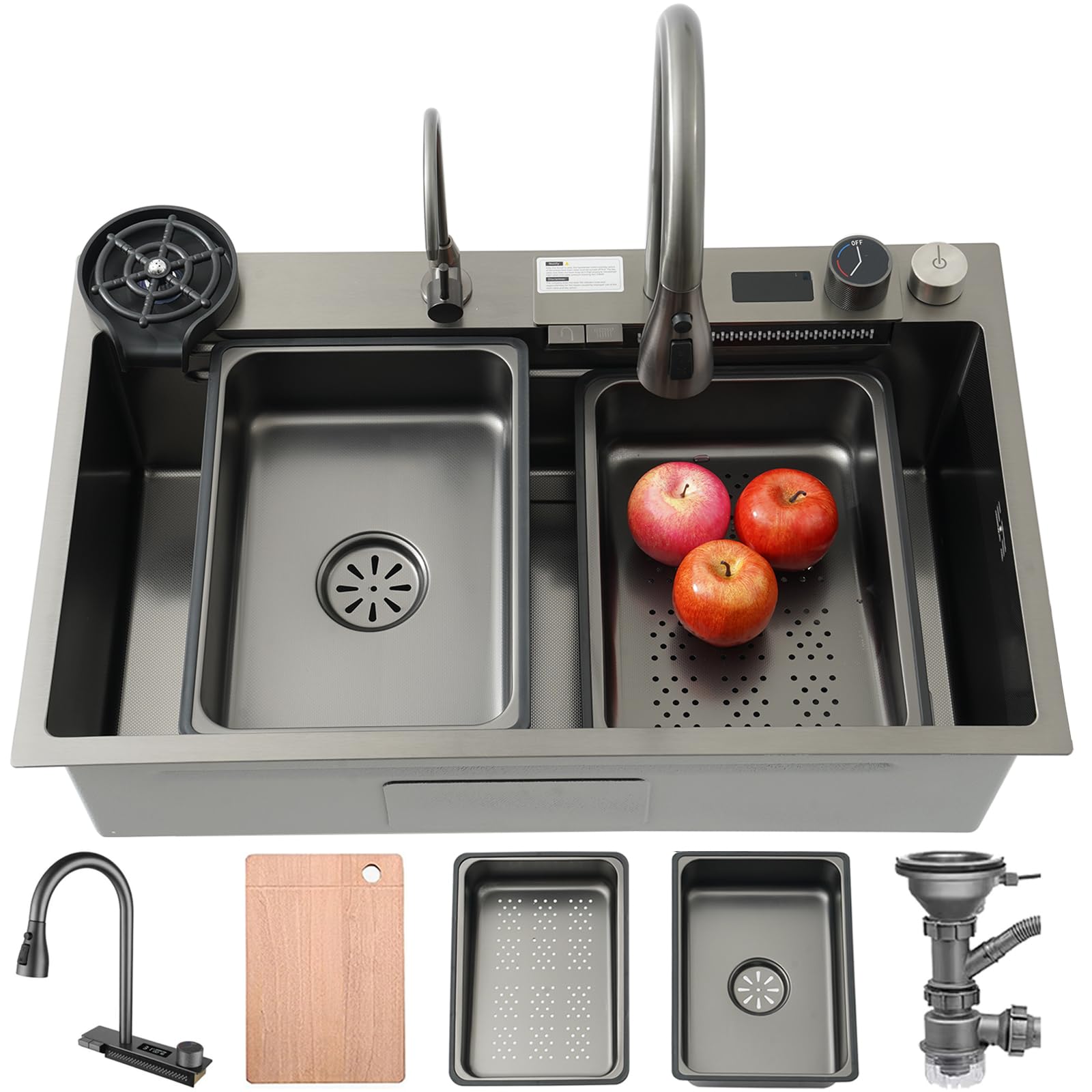 ZQFHSX Kitchen Sink, 80 x 50 cm, Stainless Steel Waterfall Sink with Display Screen, 1 Basin, Large Workplace Chopping Board, Siphon, Overflow and Drain Set