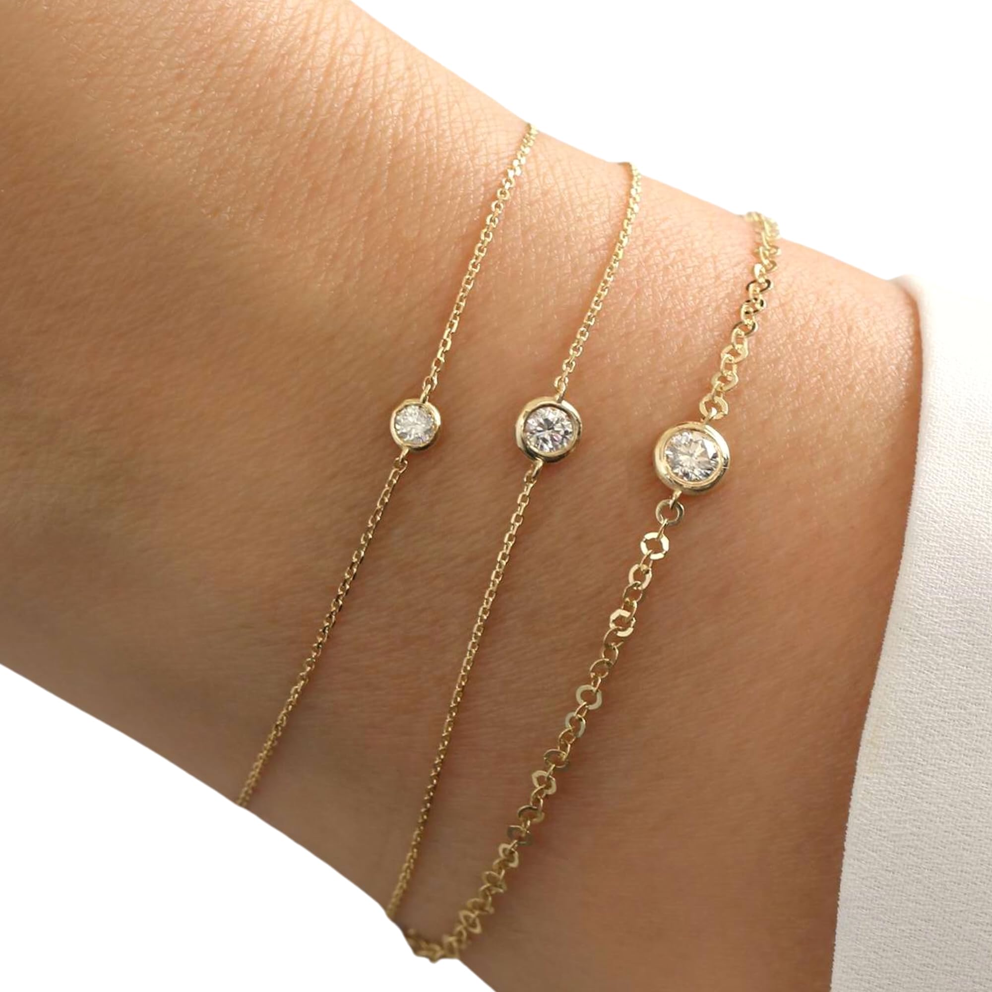 14k Gold Diamond Solitaire Bracelet - Brilliant Cut Bezel Setting - Genuine 0.05Ct, 0.10Ct, 0.15Ct Diamond Bracelet - Elegant Jewelry for Women and Girls