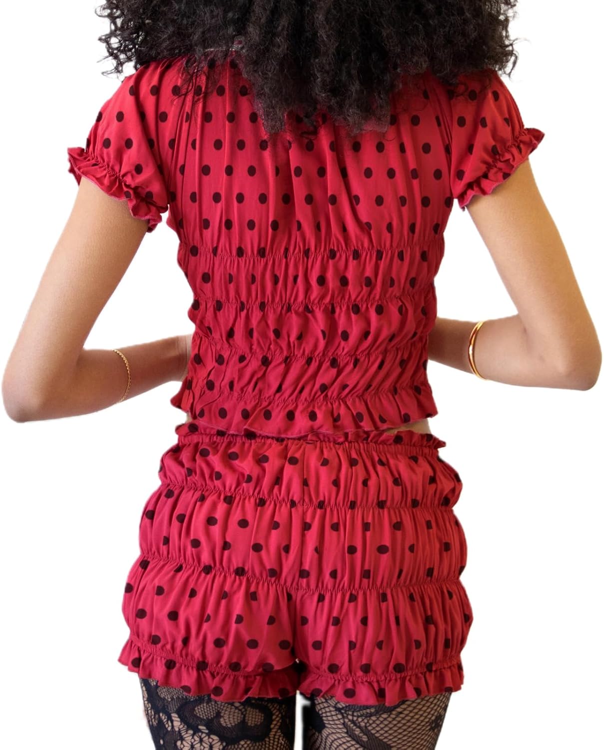 Women 2 Piece Ruffle Pajama Set Cap Sleeve Sweetheart Neck Crop Top and Shorts Polka Dot Ruched Loungewear - Image 2