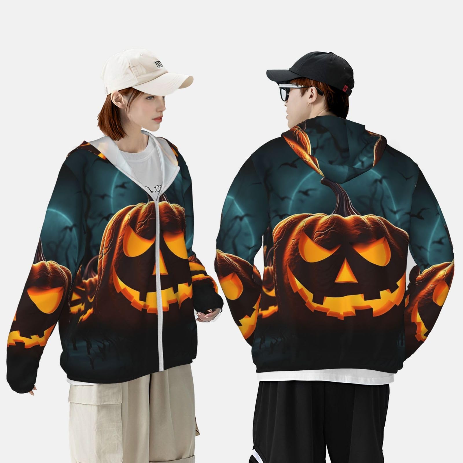 NONHAI Men's Sun Protection Jacket UPF 50+ Full Zipper Long Sleeve UV Hoodie Shirt Happy Halloween Pumpkin Women's Outdoor Jacket