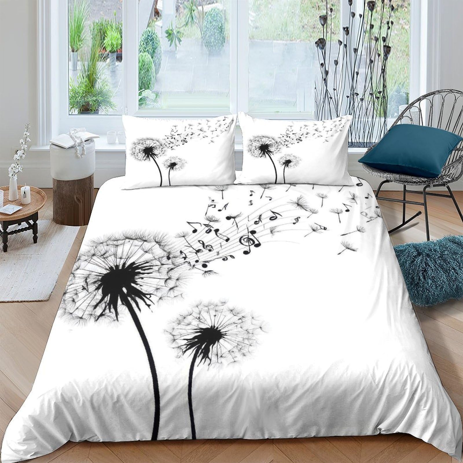 Ctjqhvkz Style-1 3D Printed Dandelion Breeze Fitted Sheet Microfiber Soft White Black Abstract Mattress Cover Bedroom Decor Single（135X200cm）
