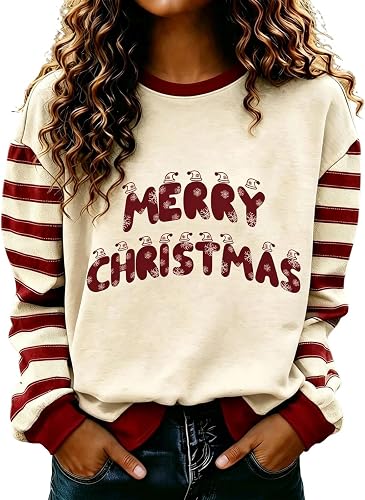 Merry Christmas Sweatshirts for Women Crewneck Striped Long Sleeve Tops