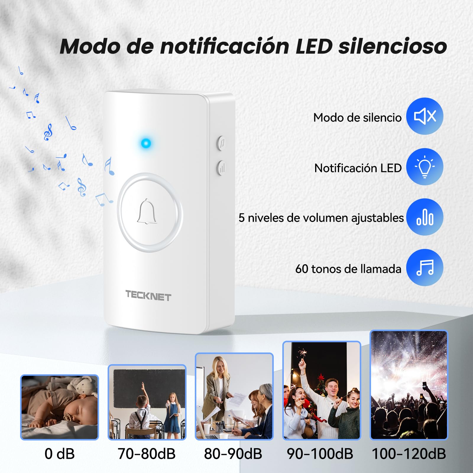 TECKNET Timbre inalámbrico IP65 impermeable 400m para casa | 2 timbres & 4 receptor, 60 tonos, 5 niveles de volumen, batería incluida, Función de memoria, luz LED, para exterior