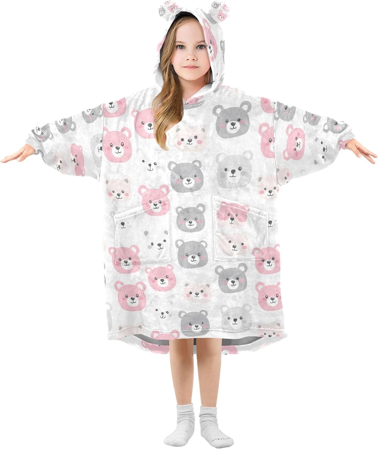 Bear Animal Cute Kids Wearable Blanket Hoodie with Pocket and Sleeves for Toddlers, Cute Hoodies Girls Boys B0403616