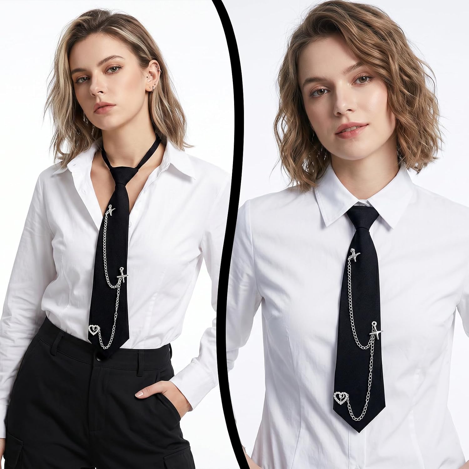 Black Pre-Tied for Women, Tie Necklace for Women with Metal Chain Punk Star School Girl Outfits for Womens for Cosplay Party Daily Shirt Accessory