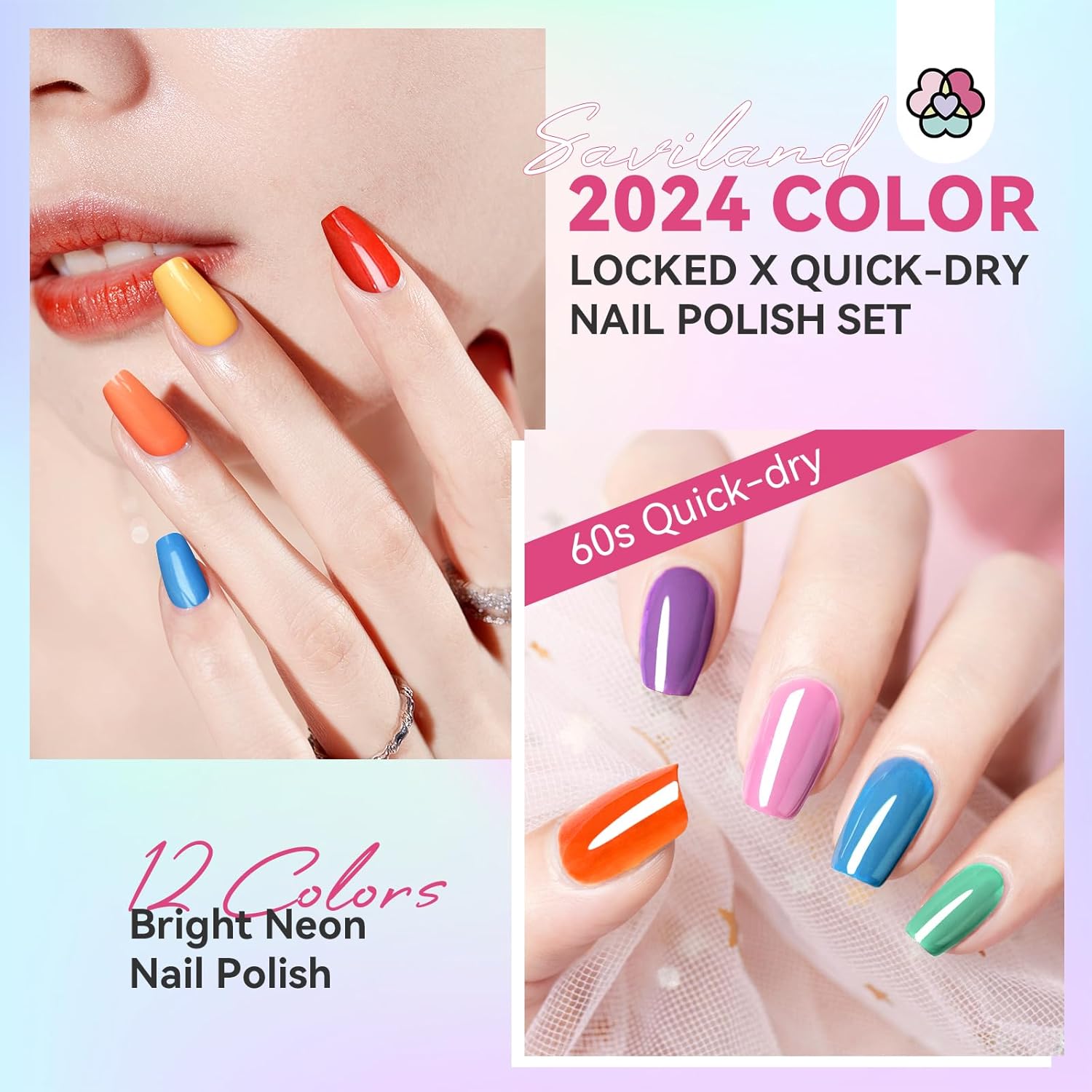 SAVILAND Quick Dry Nail Polish Set: 14 Pcs Neon Summer Nail Polish Fast Dry Hot Pink Red Glitter Nail Polish Regular Fingernail Polish Non Gel with Base-Top Polish for Manicure Nail Art