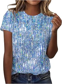 Women Sparkly Graphic Print Tops Tie Dye Tee Shirt Loose Short Sleeve Crewneck Tshirt Basic Casual Color Block Blouse