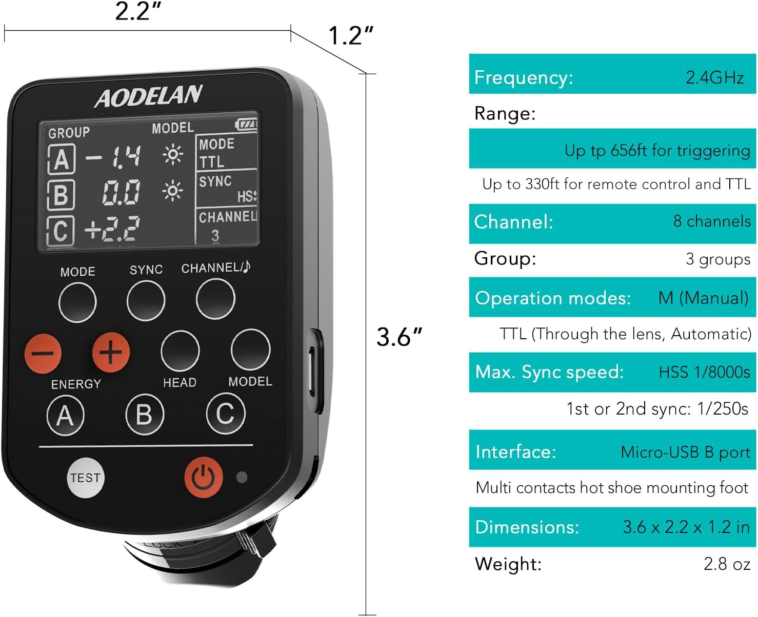Diagram showing dimensions and key specifications of the AODELAN E4 Wireless Flash Trigger