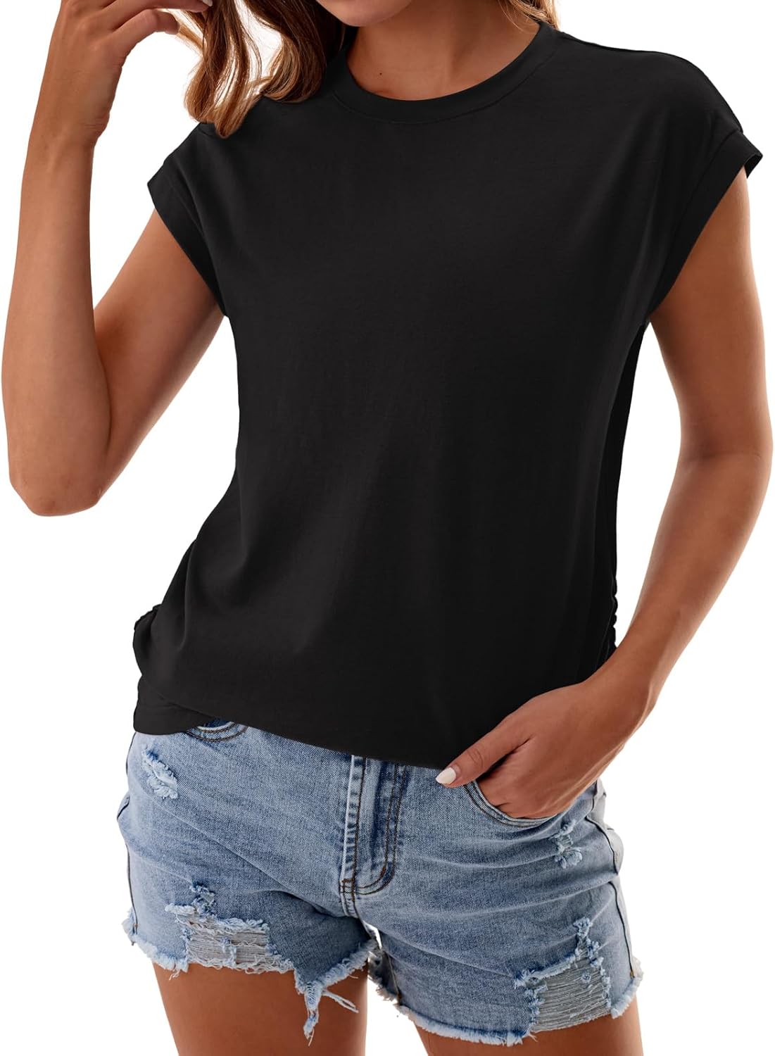 Womens Summer Cotton Tops Ruched Cap Short Sleeve Tshirts Crew Neck Shirts Fashion Trendy 2026 - Image 4