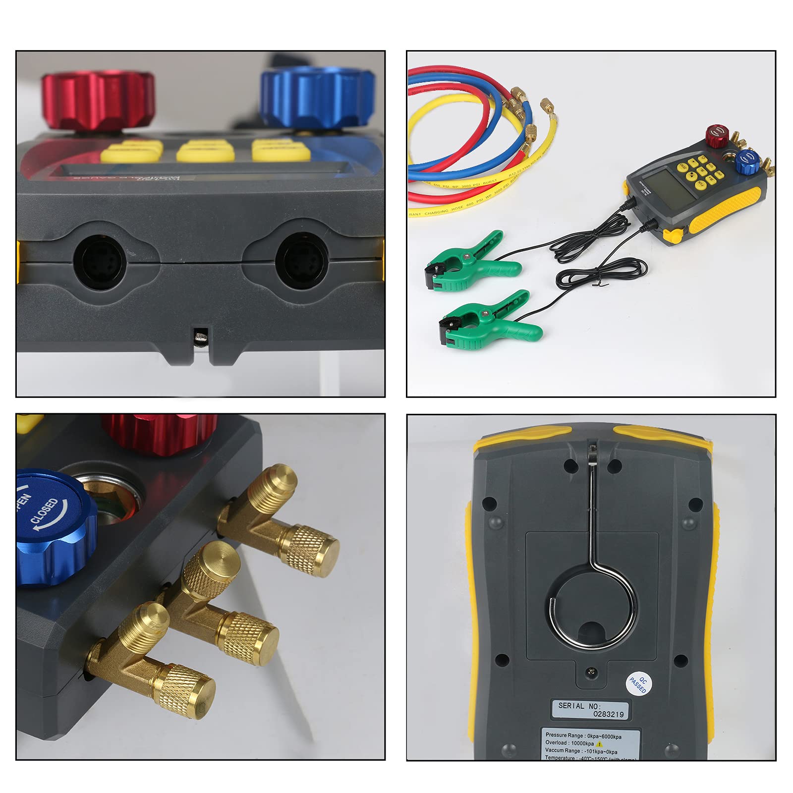 Manómetros Aire Acondicionado Digitales, Kit de Manómetro HVAC para 93 Refrigerantes (R32/R410a/R22/R1234YF), con 2 Abrazaderas de Temperatura para Pruebas de Clima y Frigoríficos