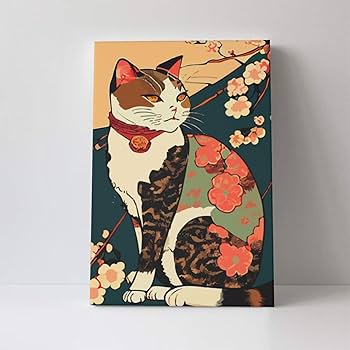 Amazon.co.jp: かわいい 猫 和風 桜 浮世絵 ポスター アート